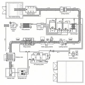 Food & Beverage Processing Factory Blueprint Vector Illustration