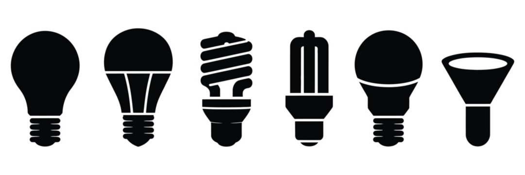 Light Bulb Icon set, vector set featuring classic, LED, CFL, and spotlight lamp designs