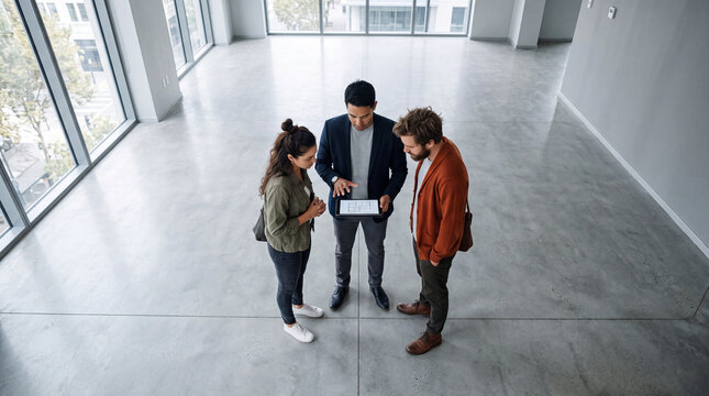 High angle view of male real estate agent showing digital floor plan on tablet to young couple. Commercial broker presenting empty open space office layout to clients for rent.