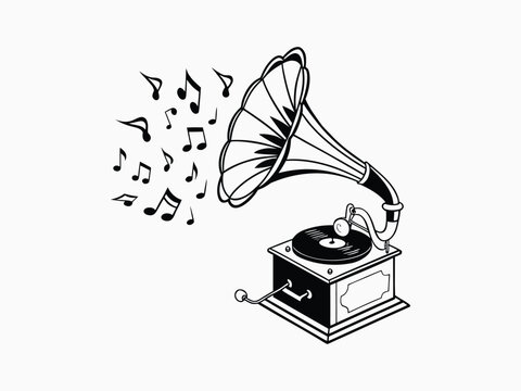 Vintage gramophone playing music notes retro record player illustration in woodcut style.