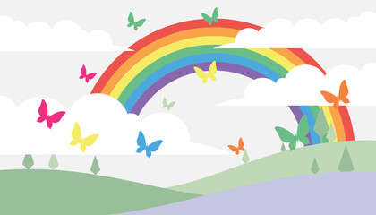 Naklejka premium Colorful rainbow arches over soft green rolling hills under a cloudy sky filled with fluttering multicolored butterflies.