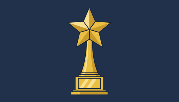 Shiny golden star trophy cup on solid dark blue background, serving as symbol of victory and high achievement.
