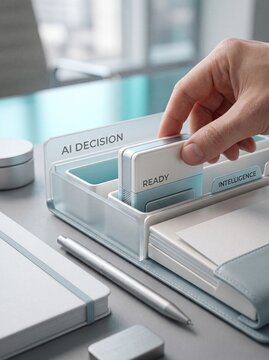 Hand selecting artificial intelligence decision card from office organizer with clean desk organizer