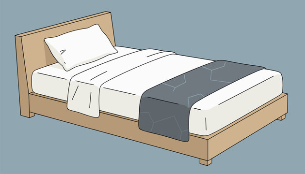 Neat single wooden bed with clean white bedding, a comfortable pillow, and a decorative grey runner, isolated on a solid background.