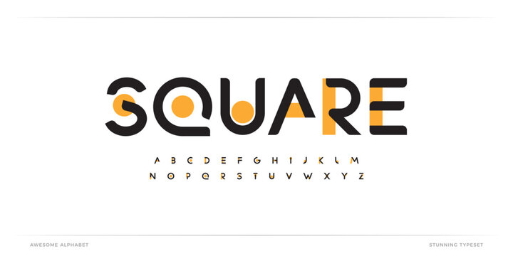 Square modern alphabet. Dropped stunning font, type for futuristic logo, headline, creative lettering and maxi typography. Minimal style letters with yellow spot. Vector typographic design
