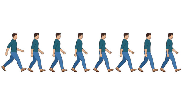 Sequential walk cycle animation keyframes showing a cartoon man in a green t-shirt and blue jeans walking from left to right.