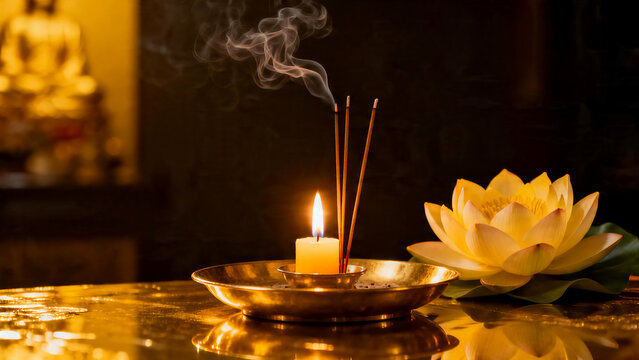 Sacred golden lotus with burning candles for Buddhist worship