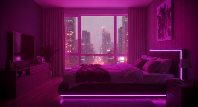 Cozy cyberpunk bedroom interior with neon lighting and rainy city view