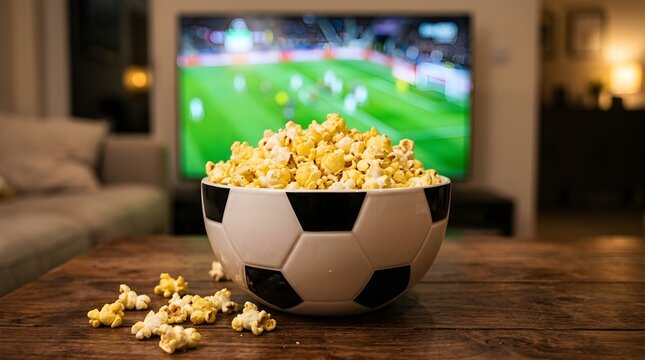 A bowl shaped like a soccer ball filled with popcorn sitting on a table in front of a television showing sports