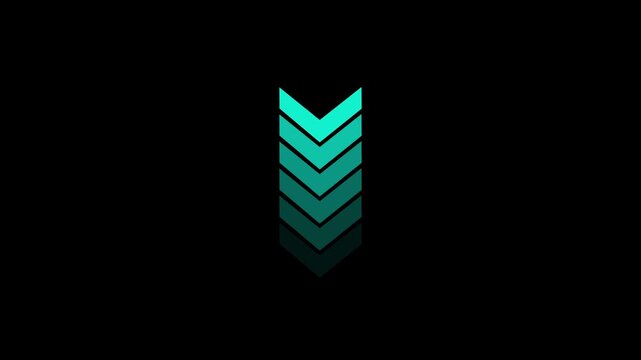 Animated green glowing neon triple down arrow icon on a black background, down arrow doing direction digital information.