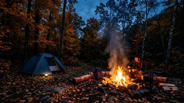 A cozy campfire burns brightly in a forest campsite at twilight with a tent and camping gear set up nearby outdoors