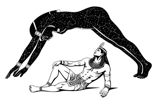 Ancient Egyptian Gods. Geb, the god of the earth and Nut, the goddess of sky. Black and white vector cliparts.