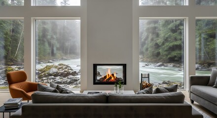 Obraz premium Modern living room interior with fireplace overlooking rainy forest river view