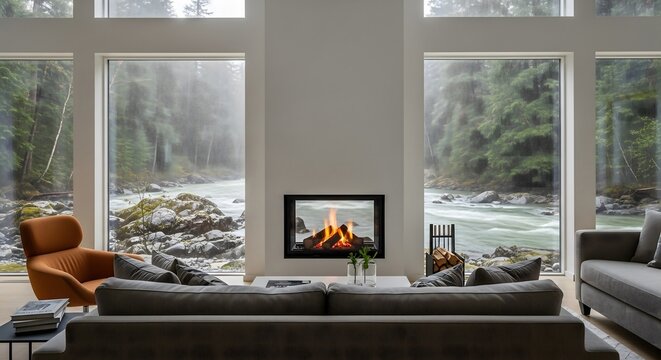 Modern living room interior with fireplace overlooking rainy forest river view