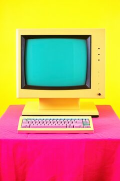 Yellow vintage computer monitor and keyboard on pink tablecloth