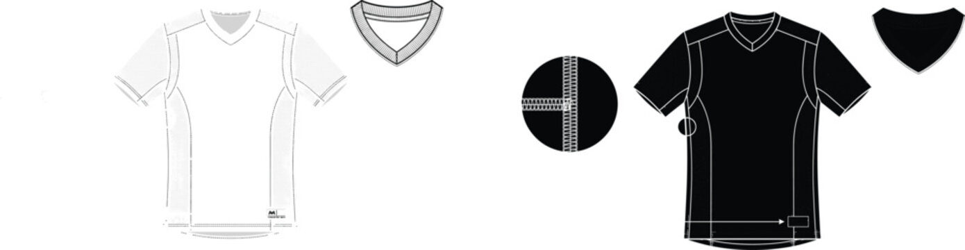 Athletic V-neck jersey vector technical flat sketch featuring short sleeves and panel details.