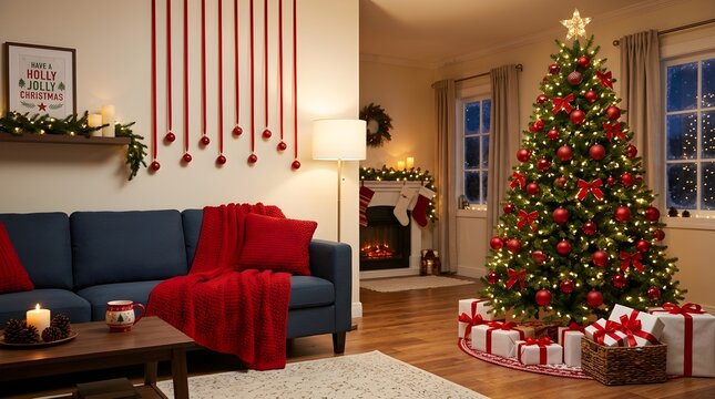 Cozy living room interior decorated for christmas with a beautiful pine tree wrapped gifts and festive red hanging holiday ornaments