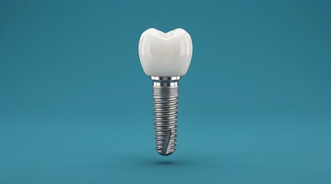 A professional 3d render of a single dental implant with a white ceramic crown isolated on a solid blue background