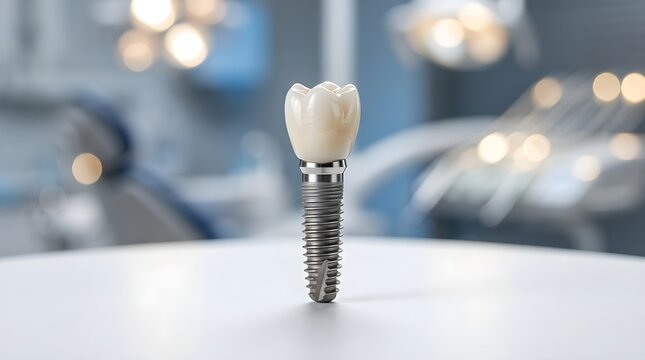 A high quality close up view of a dental implant with a porcelain crown standing on a white surface in clinic