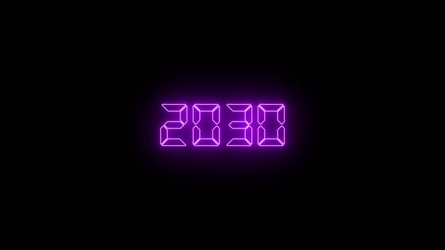Glowing neon purple 2030 text with digital seven segment font 4k motion video 25fps