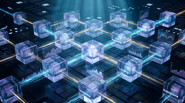 Conceptual 3d illustration of a defi ecosystem with interconnected cubes representing lending, dex, and governance