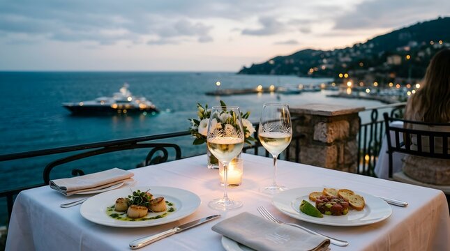 A romantic outdoor dinner table set for two with wine and gourmet food overlooking the beautiful mediterranean sea at sunset