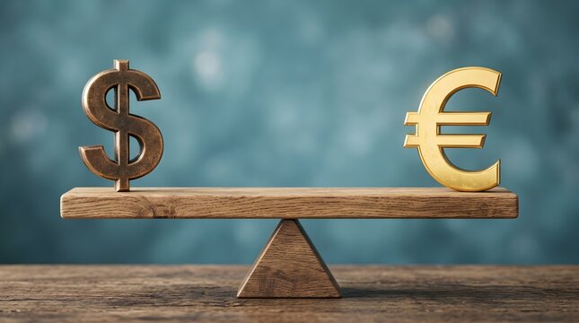 A conceptual image showing a wooden seesaw balancing a dollar sign and a euro sign representing global financial market exchange rates