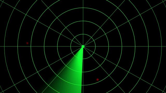 Green radar concept. Digital realistic radar with targets on monitor in searching. Air search . Military search system. 4k black background icon animation 