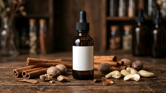 A dark amber glass dropper bottle with a blank white label placed on a rustic wooden table surrounded by aromatic spices