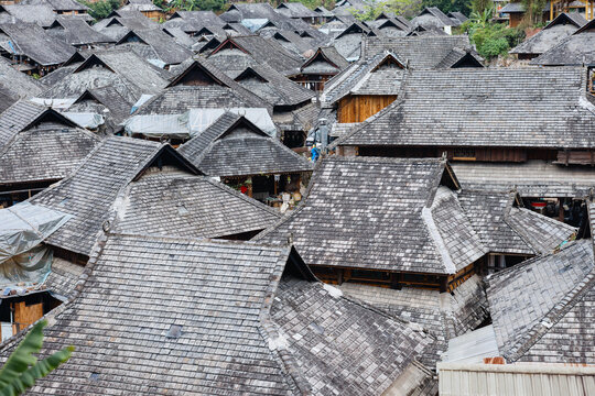 Dense Traditional Village Rooftops in Mountain SettlementClosely packe