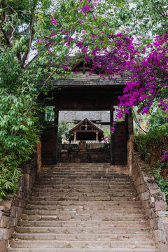 Traditional Wooden Gate and Stone Stairway Framed by Blooming Flowers