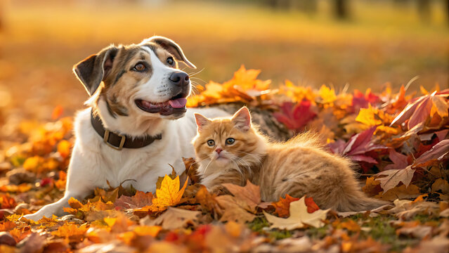 Dog and cat sitting in autumn leaves. Cute pets playing together in a fall park.