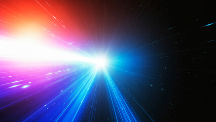 Hyperspace portal effect with vibrant rainbow light streaks and bright white energy burst radiating through dark void background showing cinematic speed of light travel and interstellar movement © Nusrat