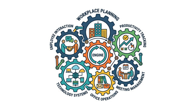 Interlocking gear infographic for workplace planning and efficiency.