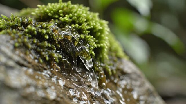 Tranquil close-up of flowing water cascading over moss-covered rock in a natural woodland setting