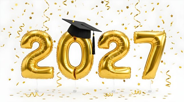 Gold foil balloons forming the number 2027 with a black graduation cap on top against a white background with confetti