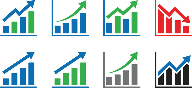 Colorful growth and decline bar chart icon set featuring upward and downward arrows for financial market analysis concept vector illustration