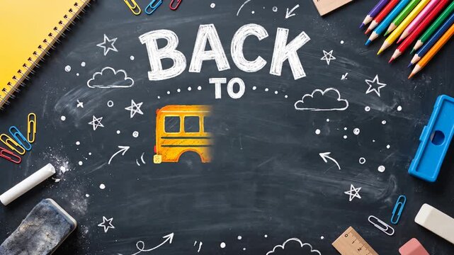 Back to school poster with chalk lettering, yellow school bus drawing and supplies