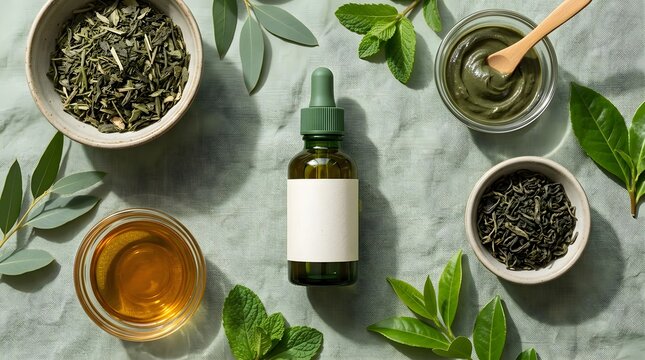 Top view of a dark glass dropper bottle with a blank label surrounded by loose tea leaves and herbal extracts