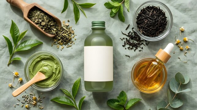 A green cosmetic bottle with a blank label surrounded by natural herbal ingredients like tea leaves oil and botanical extracts