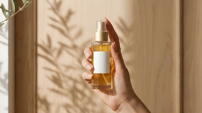A person holding a glass spray bottle of natural cosmetic oil against a beige wall with soft leaf shadow patterns cast