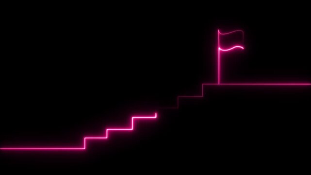 Glowing neon Success stairs sign with flag icon animation  Neon glowing Person Climbing Stairs Towards Success flag, Glowing neon business graph chart concept. on black background ,4k video