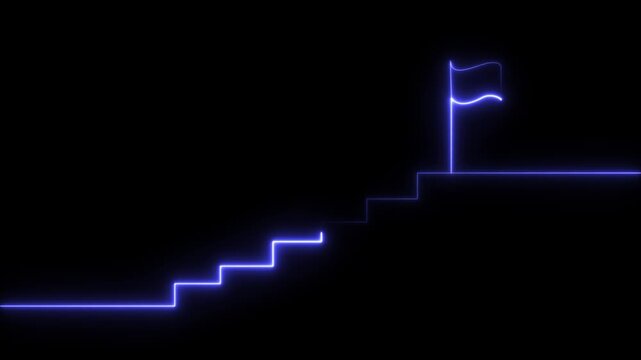 Glowing neon Success stairs sign with flag icon animation  Neon glowing Person Climbing Stairs Towards Success flag, Glowing neon business graph chart concept. on black background ,4k video