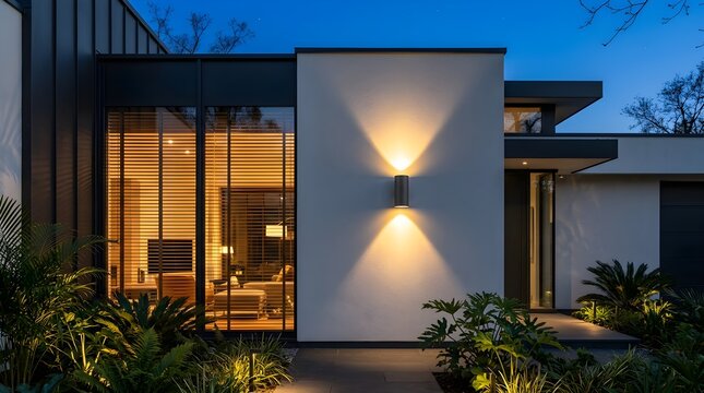 A beautiful modern luxury house exterior at twilight featuring warm glowing wall lights and large glass windows showing a cozy interior