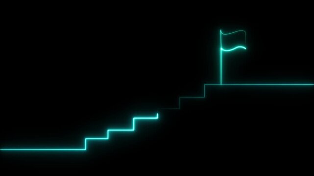 Glowing neon Success stairs sign with flag icon animation  Neon glowing Person Climbing Stairs Towards Success flag, Glowing neon business graph chart concept. on black background ,4k video