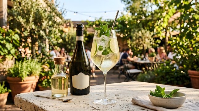 A bottle of sparkling wine and a glass of prosecco placed on a stone table in a beautiful sunny garden terrace