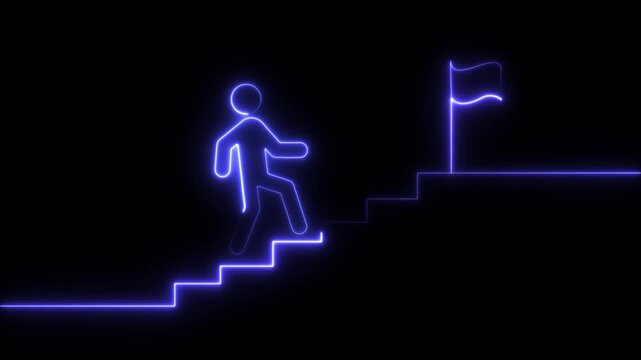 Man and stairs icon sign icon animation on Glowing neon business graph chart concept . market signs in neon lights Glowing neon line.  Man and concept. 4k video animation 