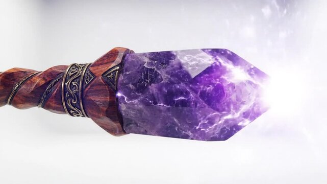 Magical amethyst crystal staff with ornate wooden handle and glowing energy against white background