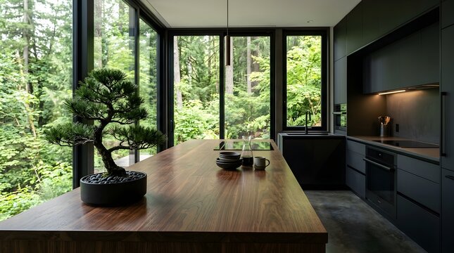 Modern luxury kitchen interior with dark cabinetry and a large wooden island overlooking a lush green forest through large windows
