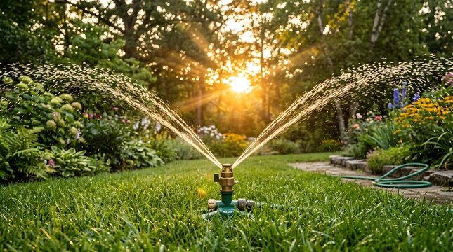 A garden sprinkler spraying water over a lush green lawn during a beautiful golden hour sunset in a suburban backyard setting